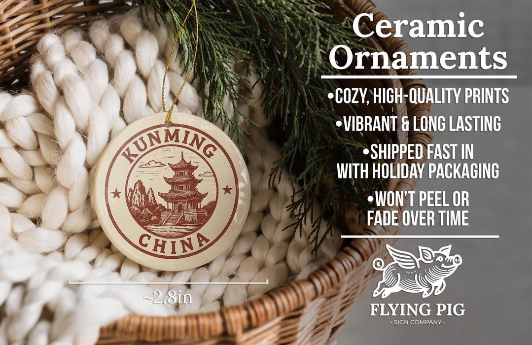 Ceramic ornaments, specifically Kunming China ornaments, are displayed in a woven basket. The text highlights the ornaments as "cozy, high-quality prints" and "vibrant and long lasting", with a description of their shipping speed and packaging. The image also features a logo for "Flying Pig - SIGN COMPANY".
