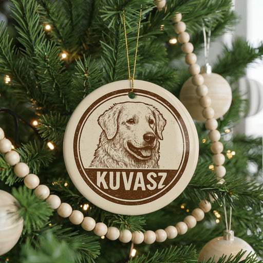 A Christmas tree decorated with ornaments, including a circular ornament with a dog's face and the name "KUVASZ" printed on it.