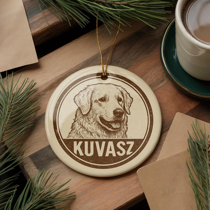 A circular ornament featuring a dog's portrait is displayed on a wooden surface, surrounded by pine branches and a cup of coffee.