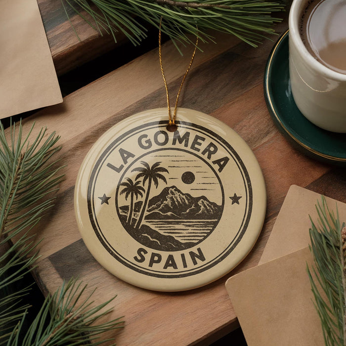 A circular ornament with the text "LA GOMERA SPAIN" printed on it, surrounded by pine branches and a cup of coffee on a wooden surface.