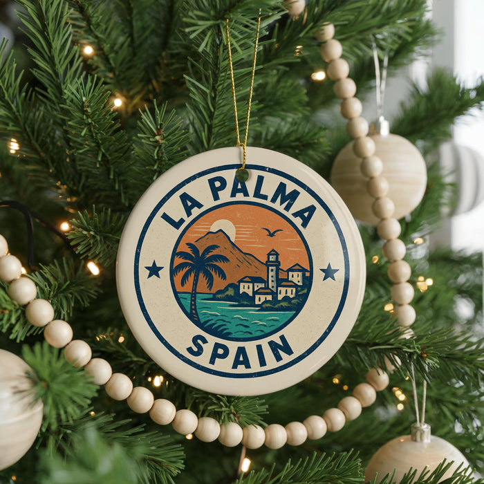 A circular ornament on a Christmas tree, featuring a palm tree and a castle, with the text "LA PALMA SPAIN" displayed on it.