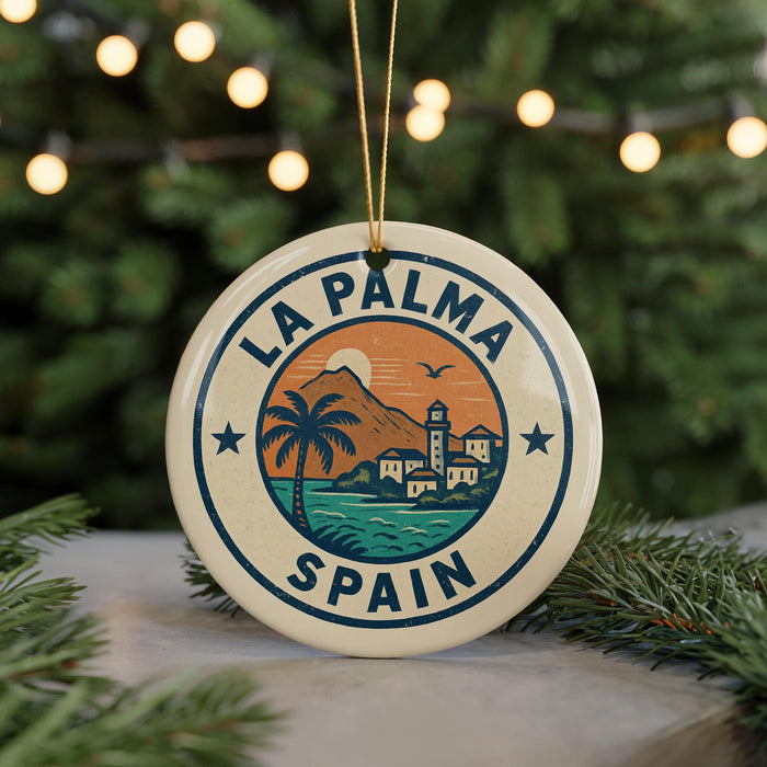 A circular ornament with the text "LA PALMA SPAIN" and an illustration of a coastal town with palm trees and mountains.