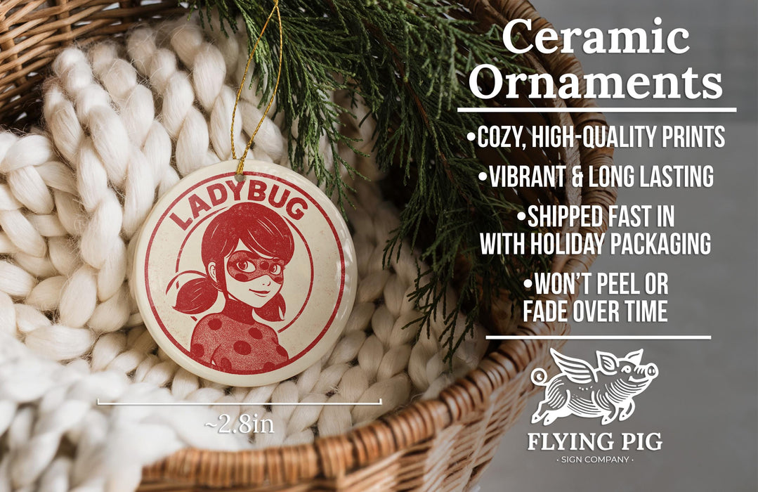 Ceramic ornaments, featuring a ladybug design, are displayed in a woven basket.