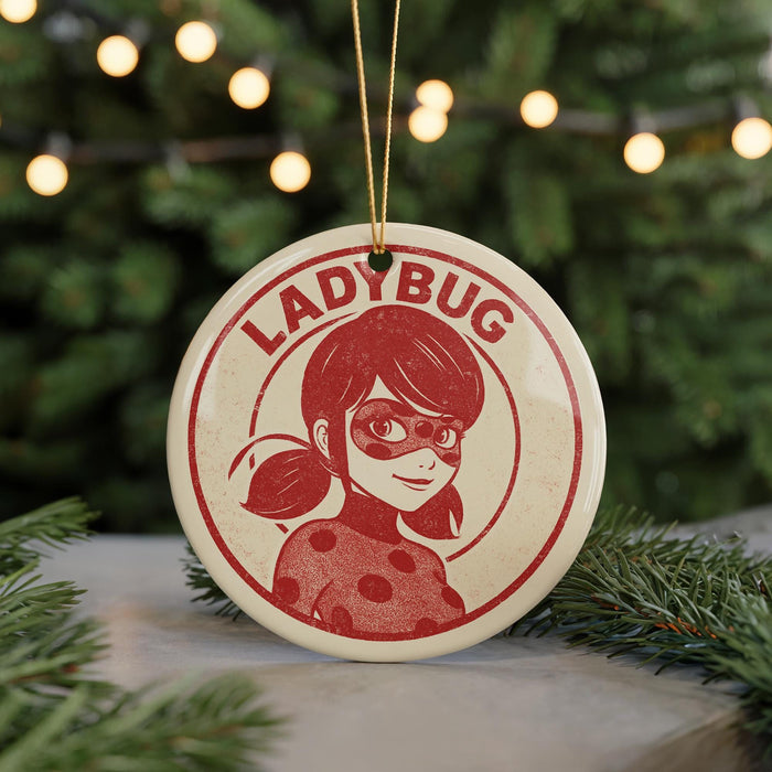 A red and white ornament featuring a cartoon image of a young girl with a mask, surrounded by Christmas lights and greenery.