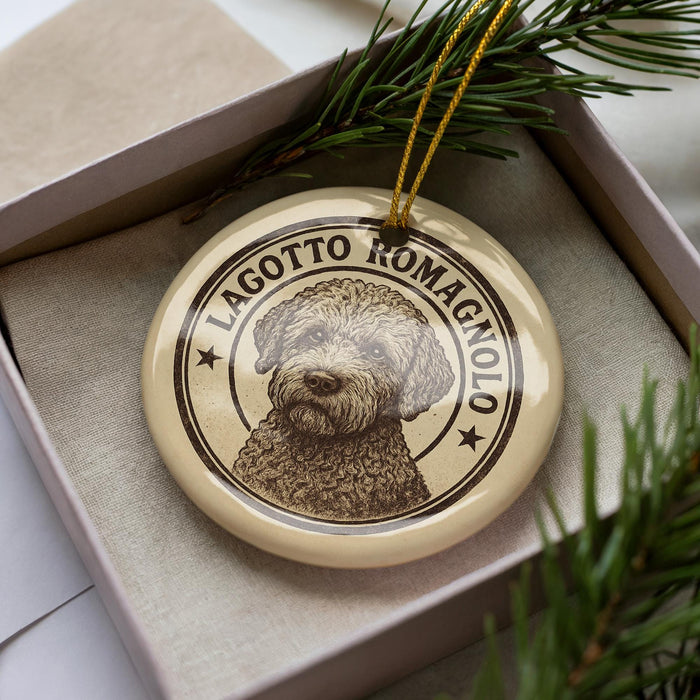 A circular ornament featuring a dog's face, with the text "LAGOTTO ROMAGNOLO" around the edge.