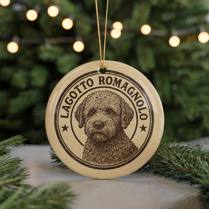 A circular ornament featuring a close-up of a dog's face, with the text "LAGOtto ROMAGNO" around the edge.
