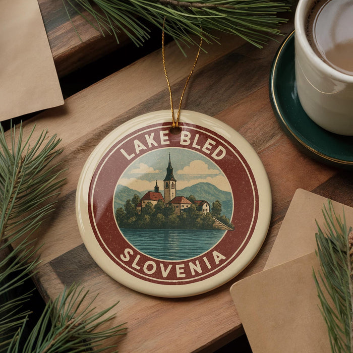 A circular ornament with the text "LAKELI BLED SLOVENIA" and an illustration of a lake and a church, hanging on a wooden surface.