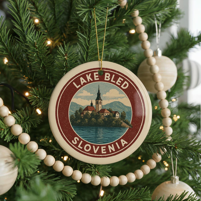 A circular ornament on a Christmas tree, featuring a picture of Lake Bled in Slovenia.