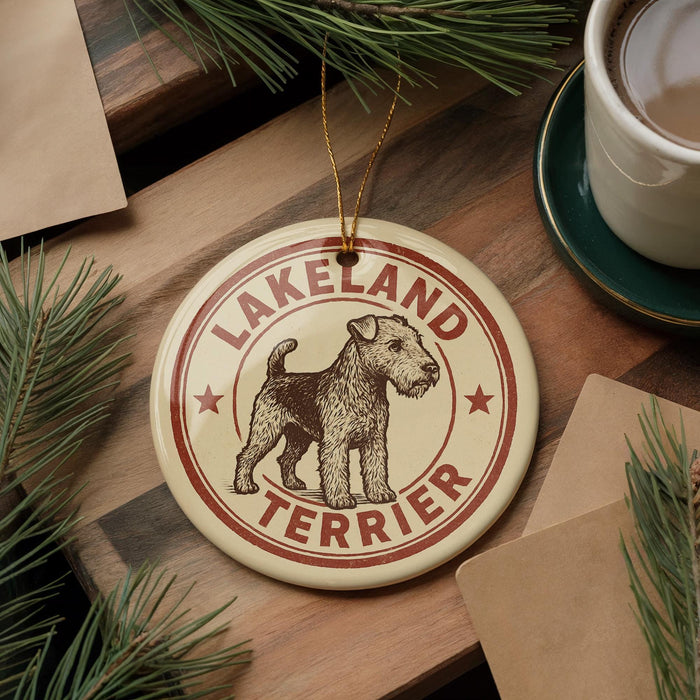 A circular ornament featuring a terrier dog, with the text "LAKELAND TERRIER" printed on it, is displayed on a wooden surface alongside a cup of coffee and some pine branches.