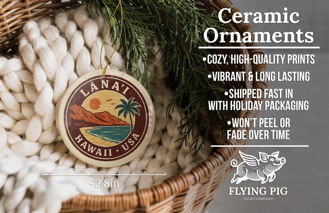 Ceramic ornaments, featuring a round ornament with a tropical design, are displayed in a woven basket.