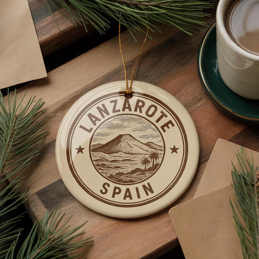 A circular ornament with the text "LANZAROTE SPAIN" printed on it, surrounded by pine branches and a cup of coffee on a wooden surface.