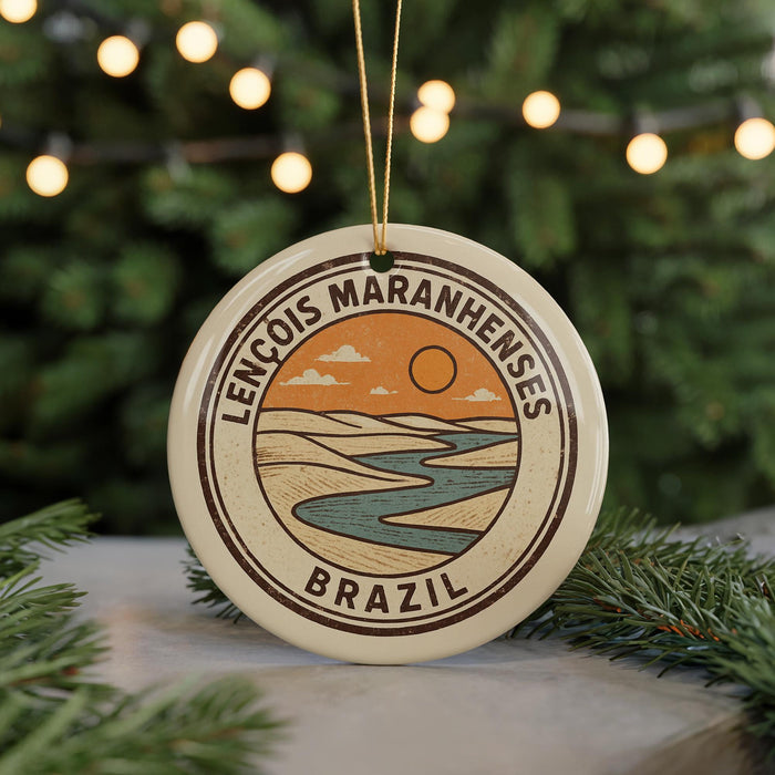 A circular ornament with the text "LENCÔS MARANHENES" and "BRAZIL" printed on it, hanging from a string.