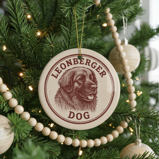 A Christmas tree decorated with ornaments, including a circular ornament with a dog's face and the text "LEONBERGER DOG" printed on it.