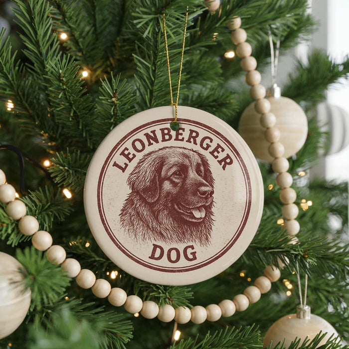 A Christmas tree decorated with ornaments, including a circular ornament with a dog's face and the text "LEONBERGER DOG" printed on it.