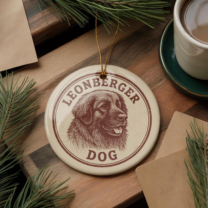 A circular ornament featuring a dog's head and the text "LEONBERGER DOG" is displayed on a wooden surface, surrounded by pine branches and a cup of coffee.