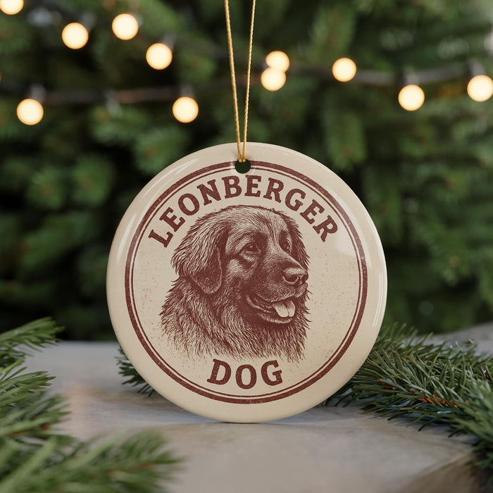 A circular ornament featuring a brown dog's head and the text "LEONBERGER DOG" is displayed in front of a blurred Christmas tree.