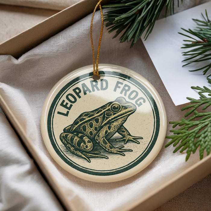 A round ornament featuring a leopard frog design, hanging from a string.
