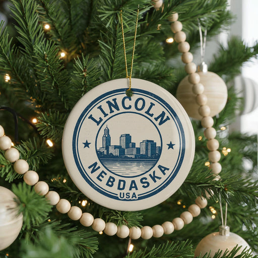 A circular ornament on a Christmas tree, featuring the text "LINCOLN NEBDAKA USA" and a graphic of a city skyline.