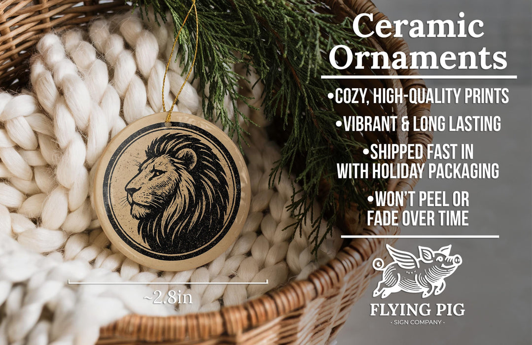 Ceramic ornaments, featuring a lion's head design, are displayed in a woven basket.