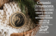 Ceramic ornaments, featuring a lion's head design, are displayed in a woven basket.