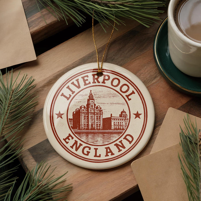 A circular ornament with the text "LIVERPOOL ENGLAND" and an illustration of a building, placed on a wooden surface next to a cup of coffee and some pine branches.