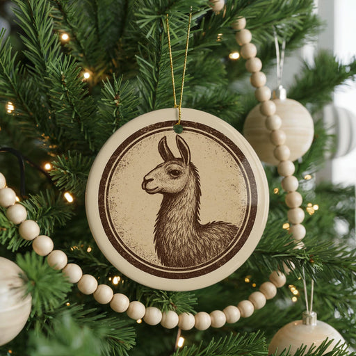 A Christmas tree decorated with ornaments, including a circular ornament featuring a llama illustration.