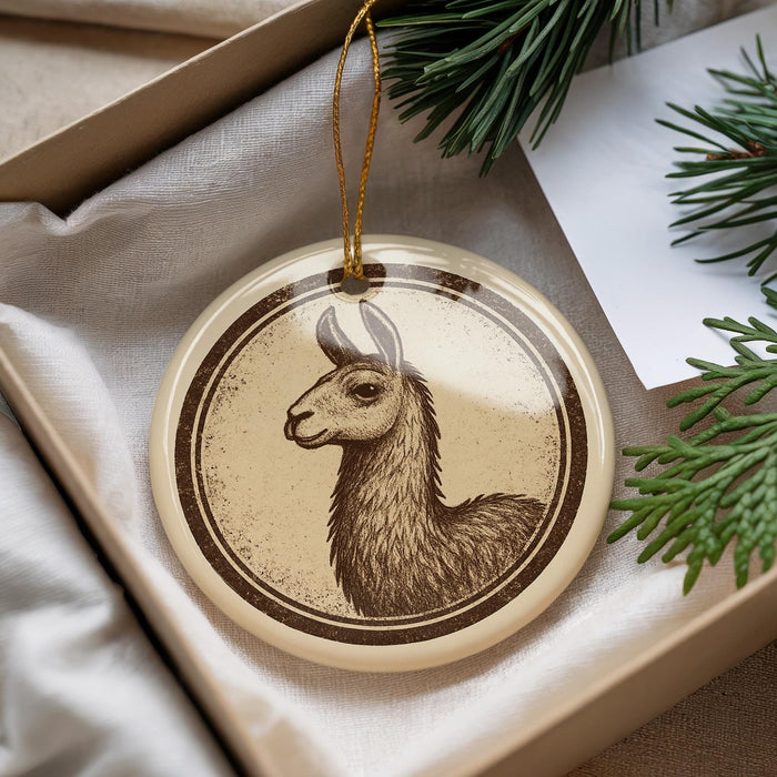 A round ornament featuring a detailed illustration of a llama is displayed in a box, surrounded by pine branches.