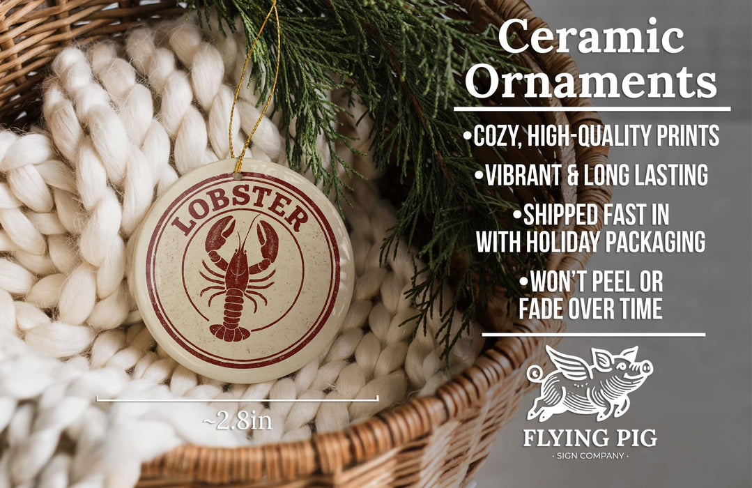 a ceramic ornament in a basket, with a lobster design, and a description of the ornament's features.