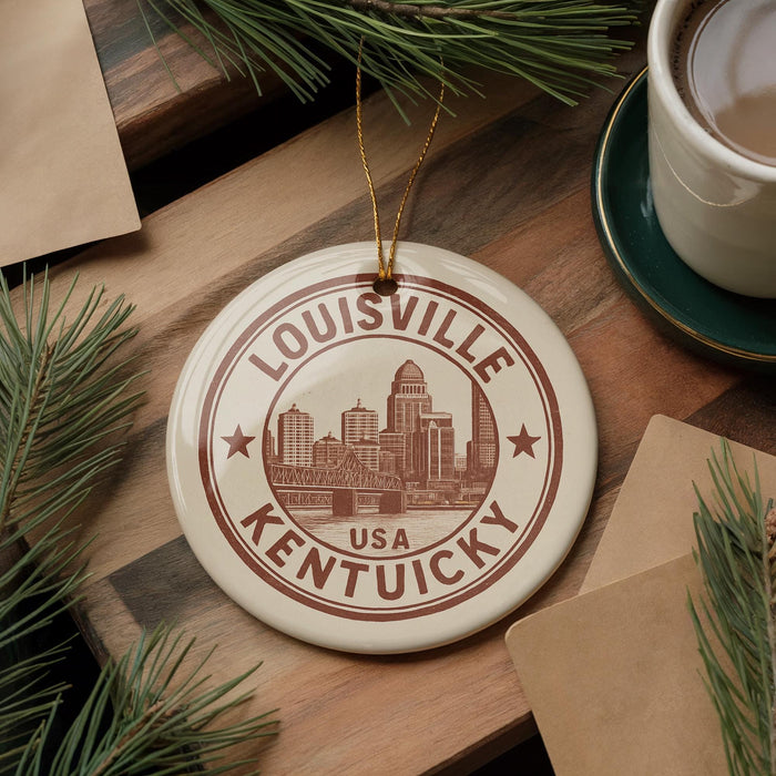 A circular ornament with the text "LOUISVILLE KENTUCKY USA" printed on it, surrounded by pine branches and a cup of coffee on a wooden surface.