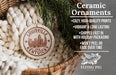a ceramic ornament hanging from a wicker basket, with a text overlay providing information about the ornament.