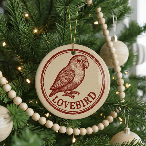 A Christmas tree decorated with ornaments, including a round ornament with a bird image and the word "LOVEBIRD" written on it.