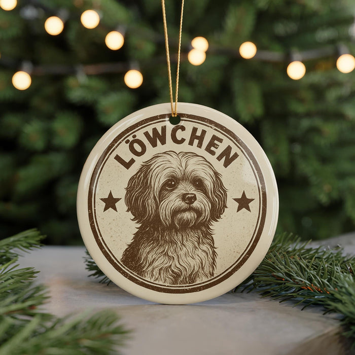 A circular ornament featuring a dog's portrait, with the text "LÖWCHEN" prominently displayed.