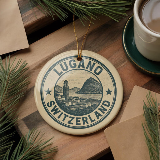 A round ornament with the text "LUGANO SWITZERLAND" and a picture of a Swiss mountain, placed on a wooden surface next to a cup of coffee and some pine branches.