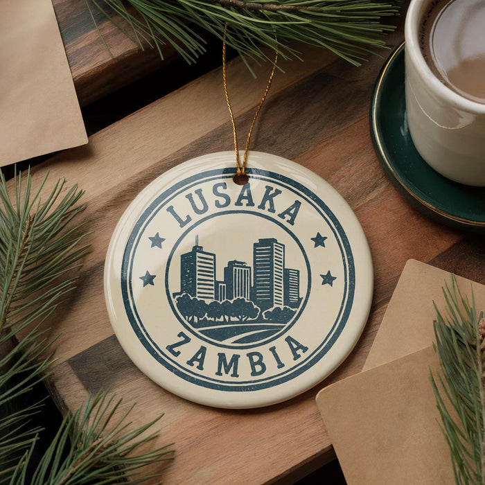 A circular ornament with the text "LUSAKA ZAMBIA" and a graphic of a city skyline, hanging on a wooden surface.