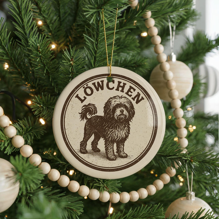 A Christmas tree decorated with ornaments, including a circular ornament with a dog illustration and the name "LOWchen" written on it.