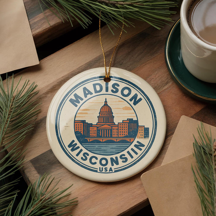 A circular ornament with the text "MADISON, WISCONSIN, USA" and an illustration of the state capitol building, hanging on a wooden surface.