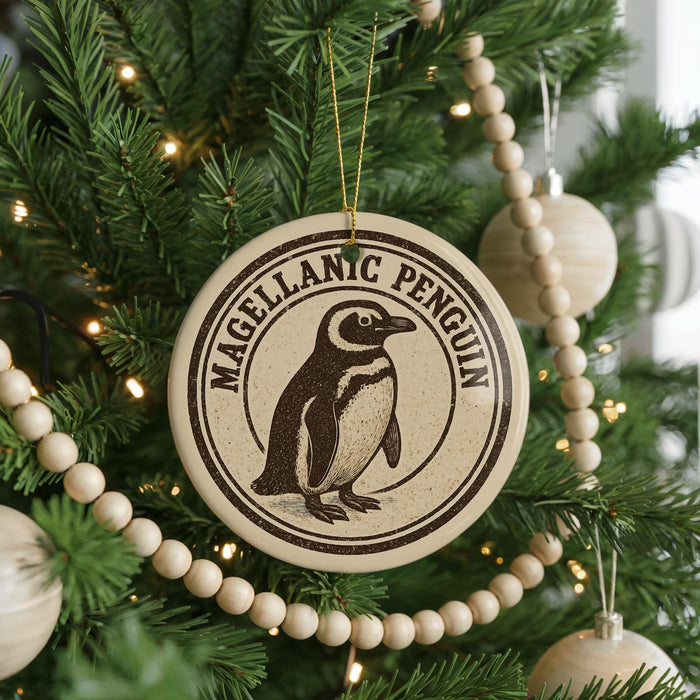 A round ornament on a Christmas tree featuring a penguin design, with the text "MAGELLANIC PENGUIN" around the edge.