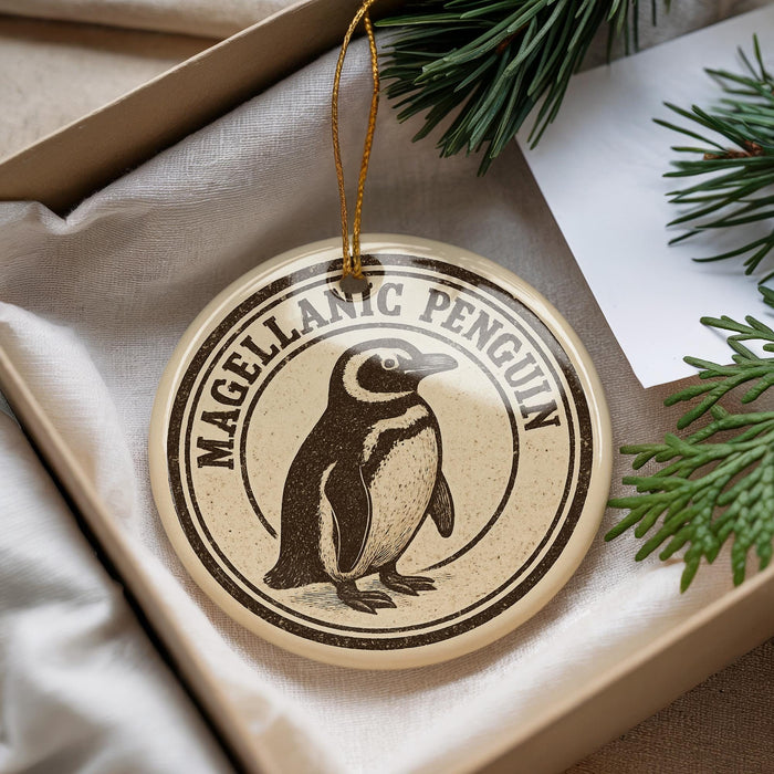 A round ornament with a penguin image and the text "MAGELLANIC PENGUIN" is displayed in a box, surrounded by pine branches.