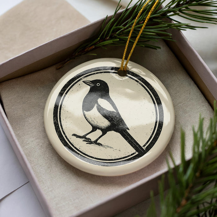 A ceramic ornament in a box, featuring a black and white illustration of a bird perched on a branch.
