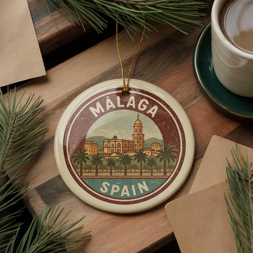 A circular ornament with the text "MALAGA SPAIN" and an illustration of a cityscape, surrounded by pine branches and a cup of coffee on a wooden surface.