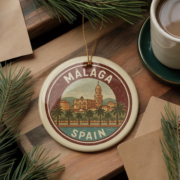 A circular ornament with the text "MALAGA SPAIN" and an illustration of a cityscape, surrounded by pine branches and a cup of coffee on a wooden surface.