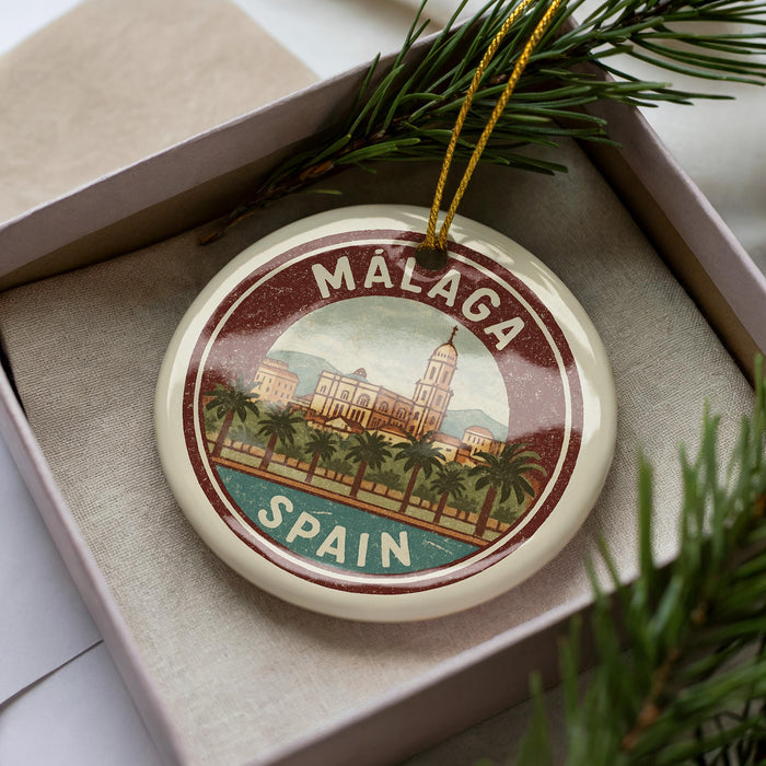 A circular ornament with the text "MALAGA SPAIN" printed on it, surrounded by palm trees and a building, is displayed in a box with pine branches.
