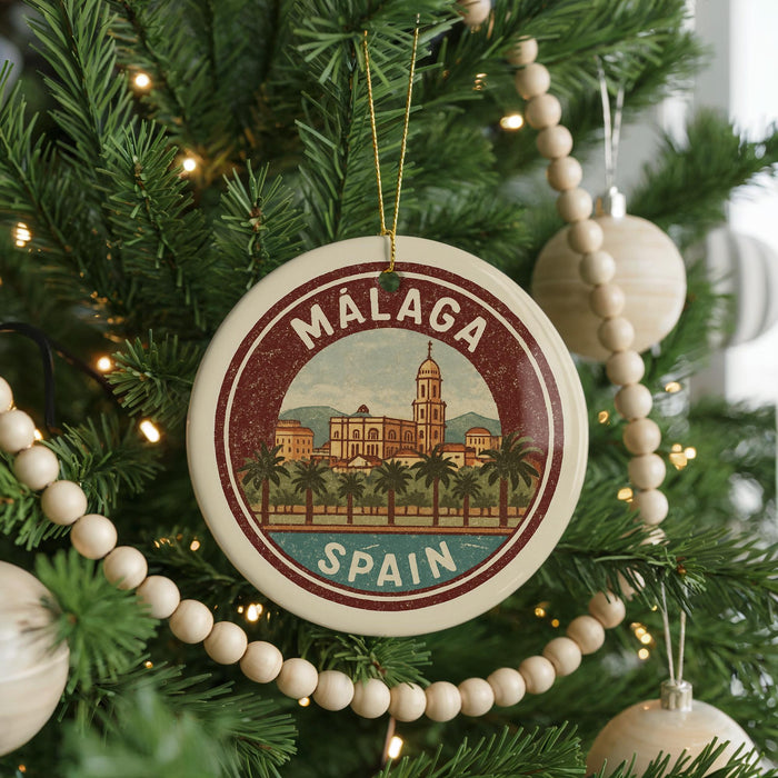 A circular ornament on a Christmas tree, featuring the text "MALAGA SPAIN" and an illustration of a cityscape with palm trees.