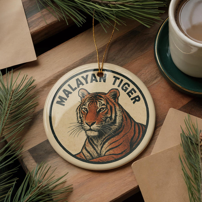 A round ornament featuring a close-up illustration of a tiger's face, with the text "MALAYAN TIGER" printed on it. The ornament is placed on a wooden surface, surrounded by pine branches and a cup of coffee.