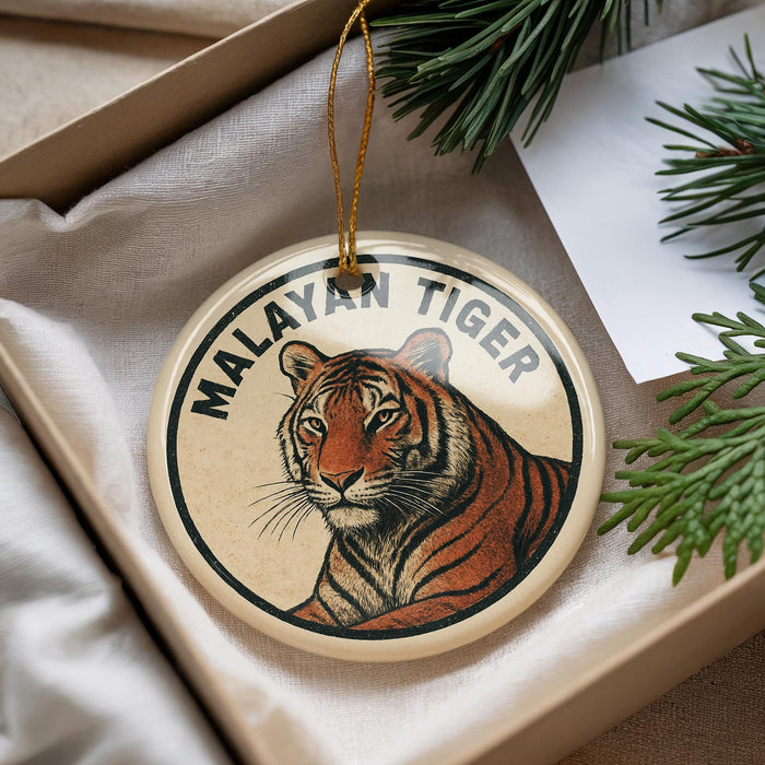 A decorative ornament featuring a close-up image of a tiger's face, with the text "MALAYAN TIGER" printed on it.
