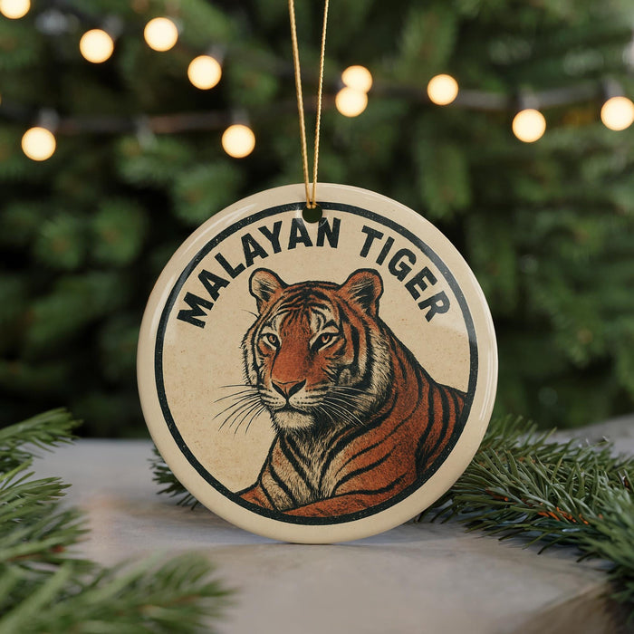 A round ornament featuring a tiger's image, with the text "MALAYAN TIGER" around the edge.