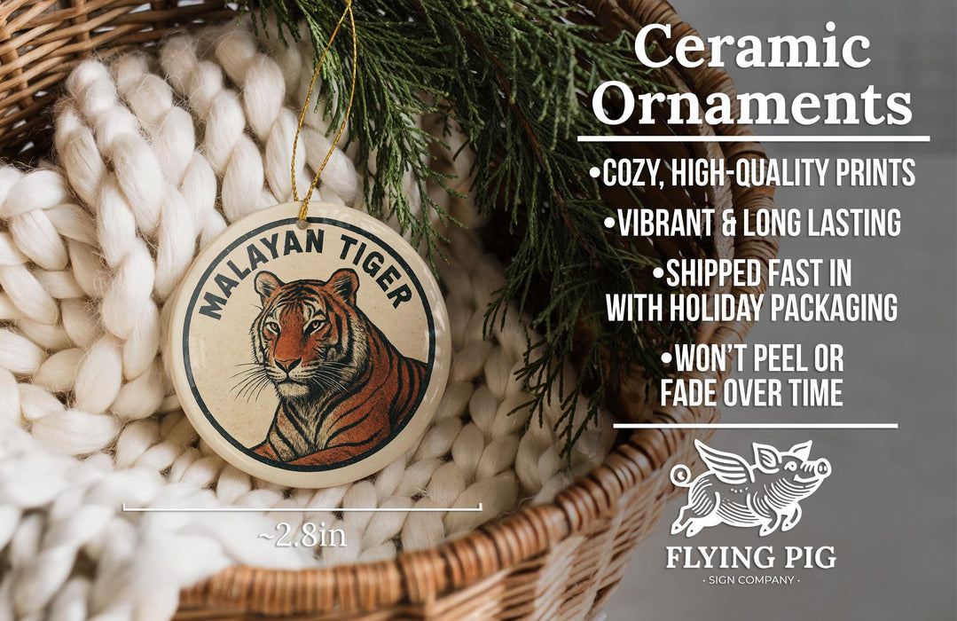 Ceramic ornaments featuring a tiger image, with text describing the ornaments as "cozy, high-quality prints, vibrant and long lasting, shipped fast in with holiday packaging, won't peel or fade over time".