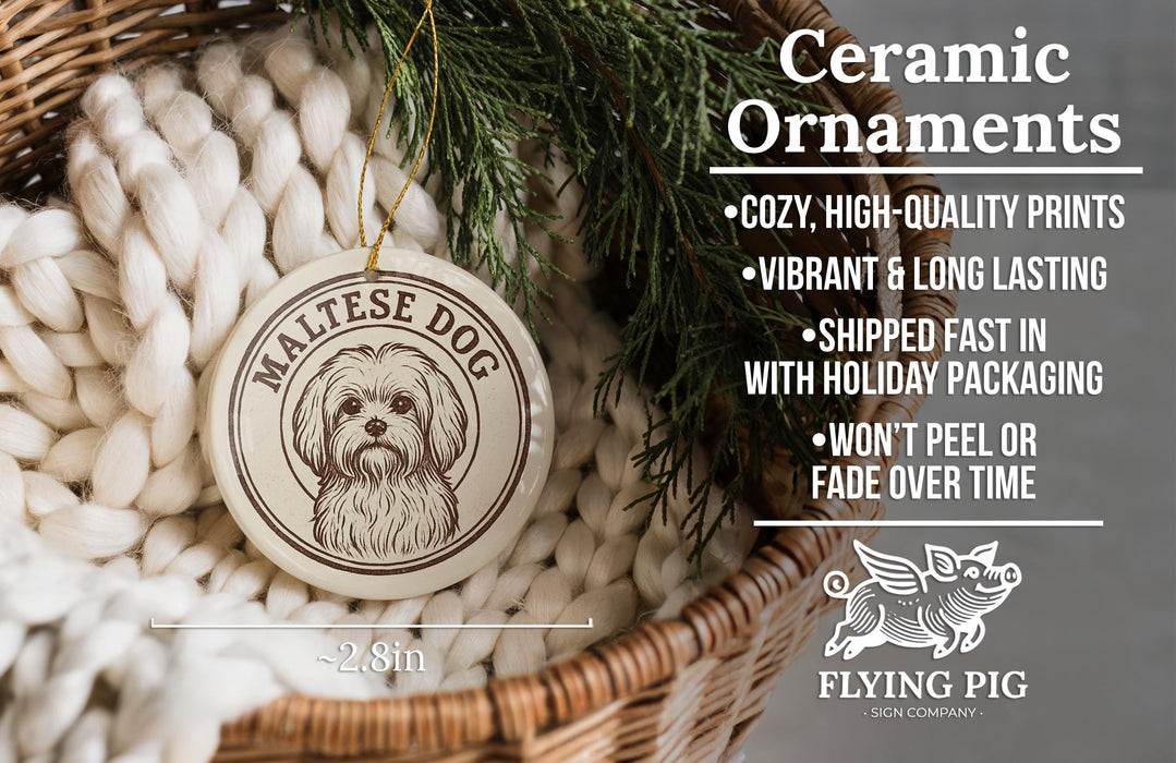 a ceramic ornament in a wicker basket, with a small dog illustration on it. The ornament is described as a "Ceramic Ornaments" and is described as "Cozy, High-quality Prints" and "Vibrant & Long Lasting". It is also noted that the ornament is "Shipped Fast in with Holiday Packaging" and " Won't Peel or Fade Over Time". The image is a collage of multiple images, and the text is not repetitive or redundant.