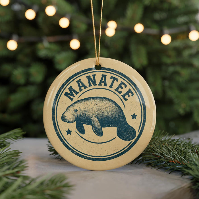 A circular ornament with the word "MANATEE" and a drawing of a manatee, hanging from a string.