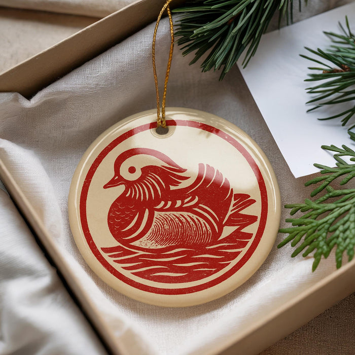 A round ornament with a red bird design is displayed in a box, surrounded by pine branches and a white card.